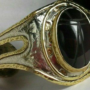 Vintage Signed IXEL Retro 1950's Black Scarab Beetle Cabochon Cuff Bracelet